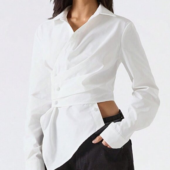 White Minimalist Women's Elegant Long Sleeve button detailed Shirt - Picture 5 of 8